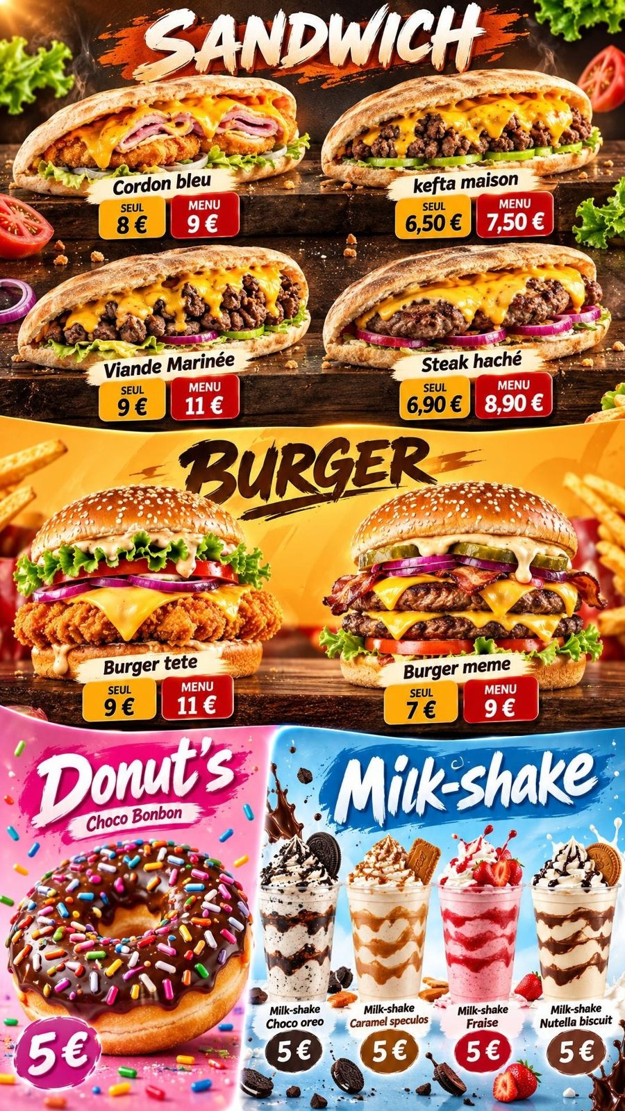 Menuboard vertical sandwichs, burgers, donuts et milkshakes